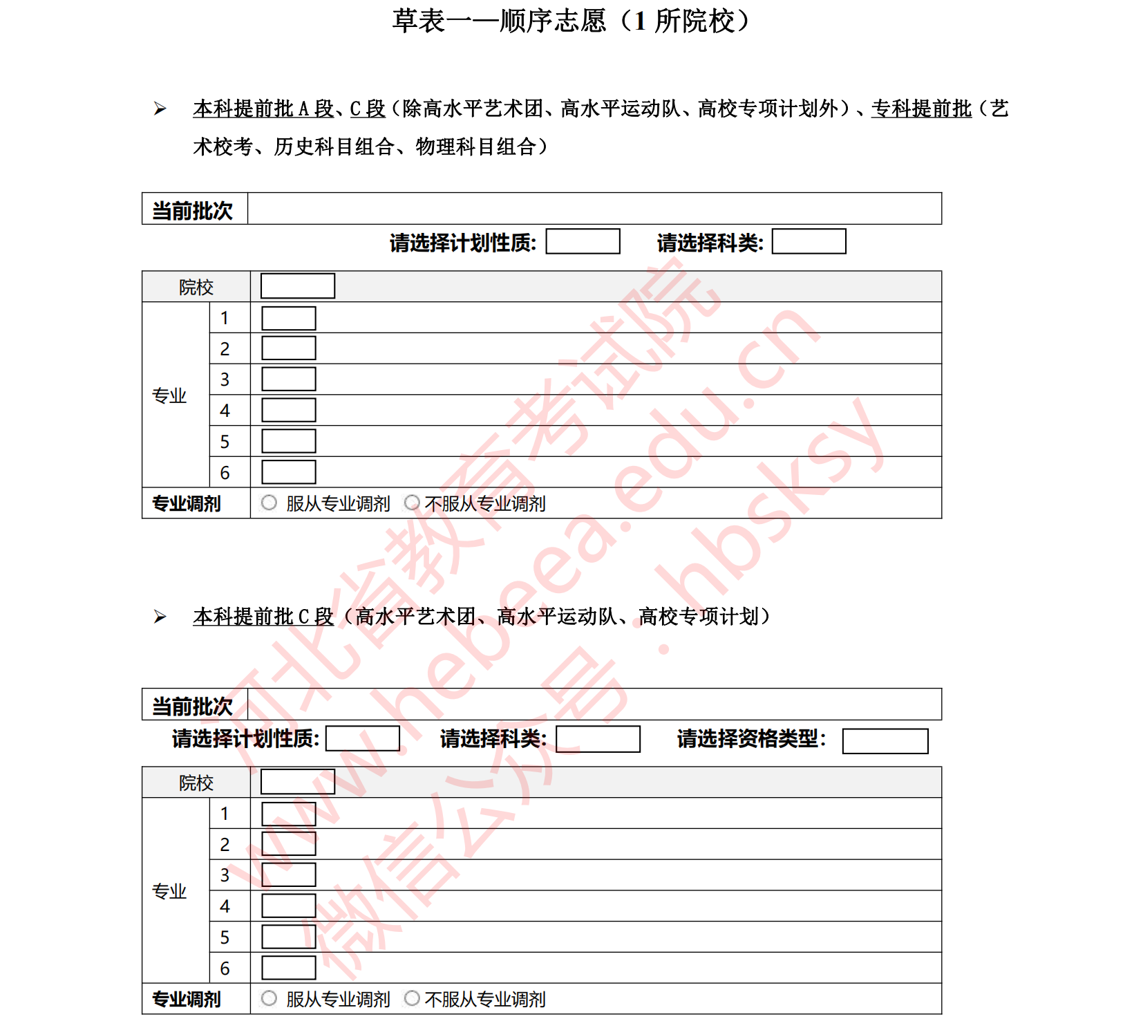 本科提前批a段、c段志愿表