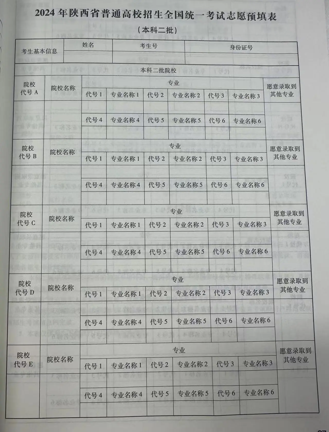 图：本科二批志愿填报样表模板